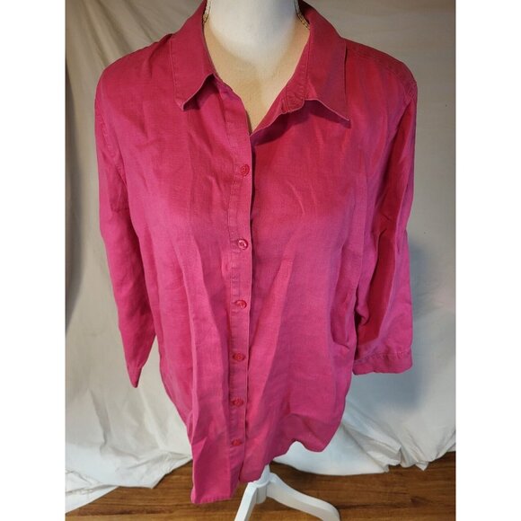 CHICO'S 3 Women's XL‎ Shirt Fuchsia Button Up 3/4 Sleeve No Iron 100% Linen - Picture 1 of 5